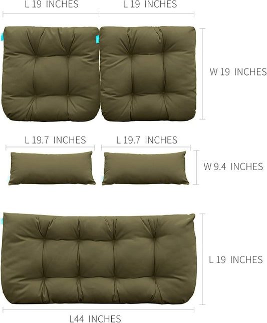 QILLOWAY Outdoor Patio Wicker Seat Cushions Group Loveseat/Two U-Shape/Two Lumbar Pillows for Patio Furniture,Wicker Loveseat,Bench,Porch,All Weather, Settee of 5 (SAGE/Army Green)