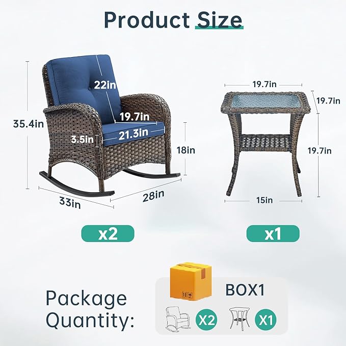 Patio Rocking Chair - 3 Peices Outdoor Wicker Rocker Porch Chair Set with Tempered Glass Side Table, 300 Lb Weight Capacity Rattan Seating for Balcony Garden Brown-Blue