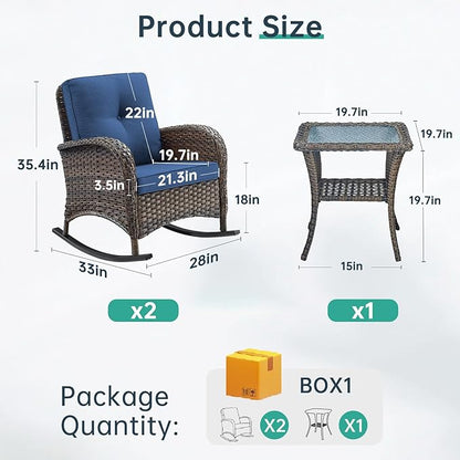 Patio Rocking Chair - 3 Peices Outdoor Wicker Rocker Porch Chair Set with Tempered Glass Side Table, 300 Lb Weight Capacity Rattan Seating for Balcony Garden Brown-Blue