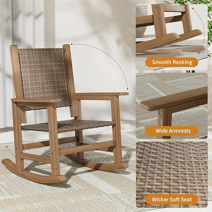 HDPE Outdoor Rocking Chair Set of 2, Wicker Rocking Chair for Adult, All Weather Rocking Chair Outdoor for Porch, Garden, Lawn, and Balcony (Brown)