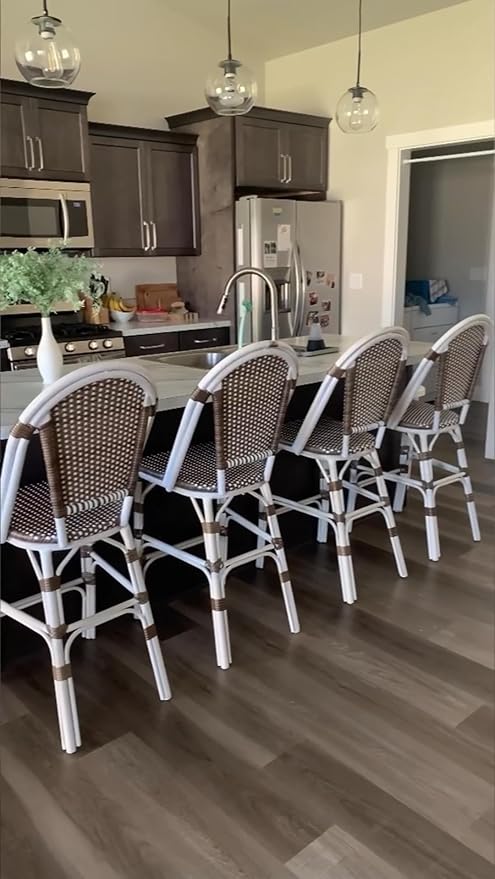 PURPLE LEAF French Counter Height Bar Stool Set of 4 White Print Finish Patio Bar Stools with Back Rattan Bar Chairs Wicker Bar Height Stool 25" with Footrest Outdoor Barstool Brown