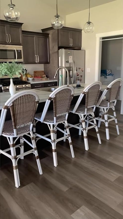 PURPLE LEAF French Counter Height Bar Stool Set of 4 White Print Finish Patio Bar Stools with Back Rattan Bar Chairs Wicker Bar Height Stool 25" with Footrest Outdoor Barstool Brown