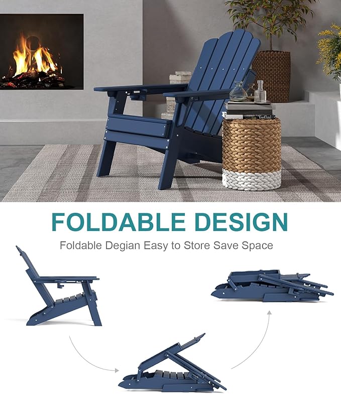 FOOWIN HDPE Adjustable Adirondack Chair Set of 8, 400lbs Heavy Duty Folding Patio Chairs with Cup Holder, 3-Position Reclining Fire Pit Seating, All-Weather Poly Lumber for Backyard, Deck - Navy Blue