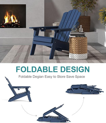 FOOWIN HDPE Adjustable Adirondack Chair Set of 8, 400lbs Heavy Duty Folding Patio Chairs with Cup Holder, 3-Position Reclining Fire Pit Seating, All-Weather Poly Lumber for Backyard, Deck - Navy Blue