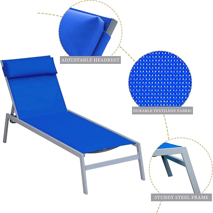 Domi 3 Pieces Adjustable Chaise Lounge Set Outdoor Patio Lounge Chair All Weather Five-Position Recliner Chair Set w/Coffee Table for Patio, Pool, Yard (Blue)