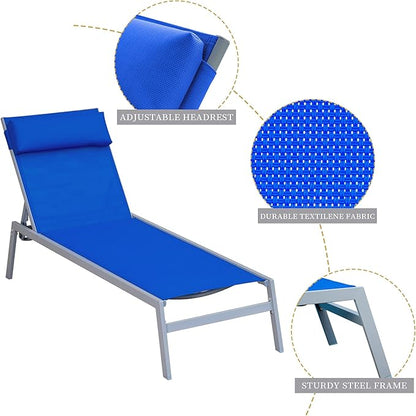 Domi 3 Pieces Adjustable Chaise Lounge Set Outdoor Patio Lounge Chair All Weather Five-Position Recliner Chair Set w/Coffee Table for Patio, Pool, Yard (Blue)