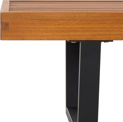 SAFAVIEH Outdoor Patio Furniture Heather Natural Brown Solid Wood & Black Legs 60-inch Steel Bench