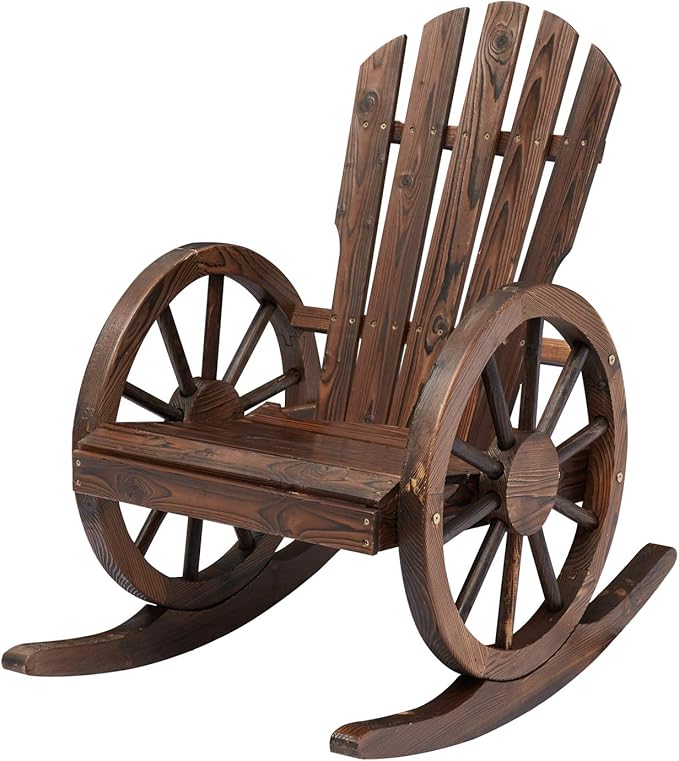 Outdoor Wooden Wagon Rocking Chair - Rustic Wheel Design Adirondack Rocking Chair Patio Rocker Chairs for Patio, Country, Yard, Backyard, Natural (1 PCS)
