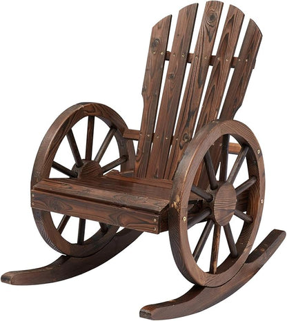 Outdoor Wooden Wagon Rocking Chair - Rustic Wheel Design Adirondack Rocking Chair Patio Rocker Chairs for Patio, Country, Yard, Backyard, Natural (1 PCS)