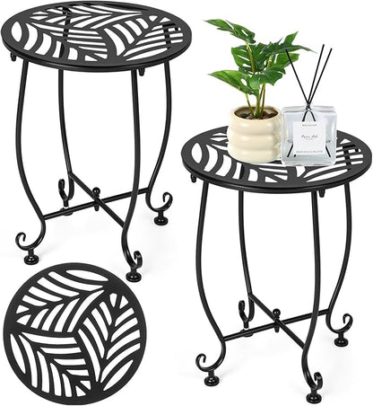 Thyle 2 Pcs Outdoor Side Table with Flower Cutout 13" Metal Small Round Weather Resistant Patio Side Tables for Outside, Balcony, Porch, Garden Bistro Indoor Outdoor Yard(Hollow Leaf)
