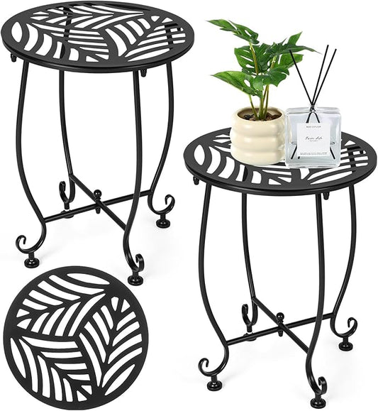 Thyle 2 Pcs Outdoor Side Table with Flower Cutout 13" Metal Small Round Weather Resistant Patio Side Tables for Outside, Balcony, Porch, Garden Bistro Indoor Outdoor Yard(Hollow Leaf)