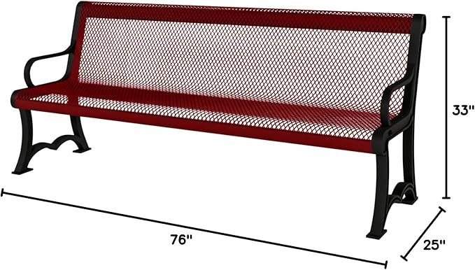 COATEDOUTDOORFURNITURE Heavy-Duty Outdoor Bench Thermoplastic Coated, Expanded Metal, Commercial-Grade Garden Bench, Made in America (Portable with Back, 4 Ft, Textured Burgundy)