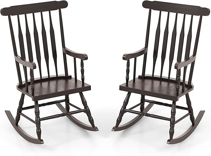 Giantex Outdoor Wood Rocking Chair Set of 2, Patio Rocking Chair w/Rubber Wood Frame, Slat Back, Outside & Indoor Rocker for Garden, Poolside, Balcony, Backyard, Lawn, Front Porch Rocker, Dark Coffee