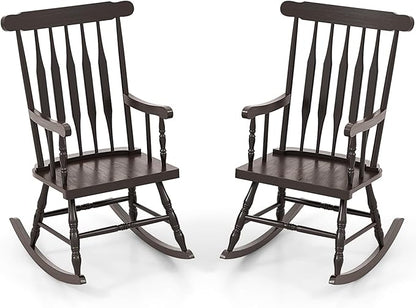 Giantex Outdoor Wood Rocking Chair Set of 2, Patio Rocking Chair w/Rubber Wood Frame, Slat Back, Outside & Indoor Rocker for Garden, Poolside, Balcony, Backyard, Lawn, Front Porch Rocker, Dark Coffee
