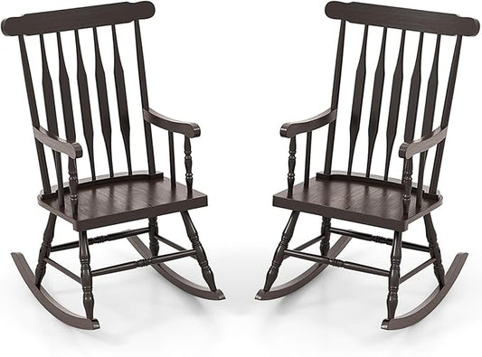 Giantex Outdoor Wood Rocking Chair Set of 2, Patio Rocking Chair w/Rubber Wood Frame, Slat Back, Outside & Indoor Rocker for Garden, Poolside, Balcony, Backyard, Lawn, Front Porch Rocker, Dark Coffee