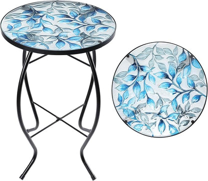 MUMTOP Side Patio Tables-Mosaic Outdoor Side Table - 14’’ Blue and Transparency Leaf Glass Accent Round EndTable, Plant Stand Indoor Small CoffeeTable for Garden or Living Room Decor