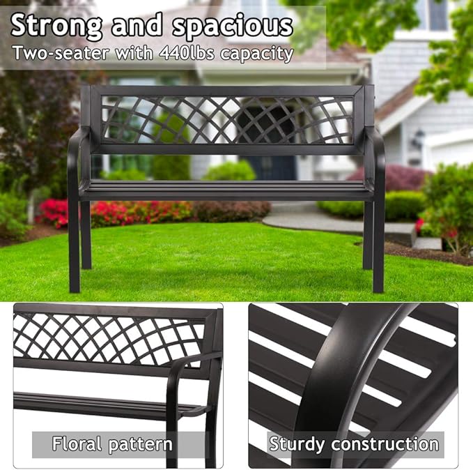 Anti-Rust Metal Bench Garden Bench with Back Porch Benches for Outdoor Cast Iron Steel Frame Chair Waterproof,Black, 480 lbs, 45 inches x21.7 inches x30 inches (LxWxH)