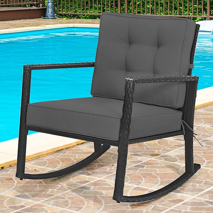 Tangkula 2 Pieces Wicker Rocking Chairs, Outdoor Glider Rattan Rocker Chair with Heavy-Duty Steel Frame, Patio Wicker Furniture Seat with 5” Thick Cushion for Garden, Porch, Backyard, Poolside