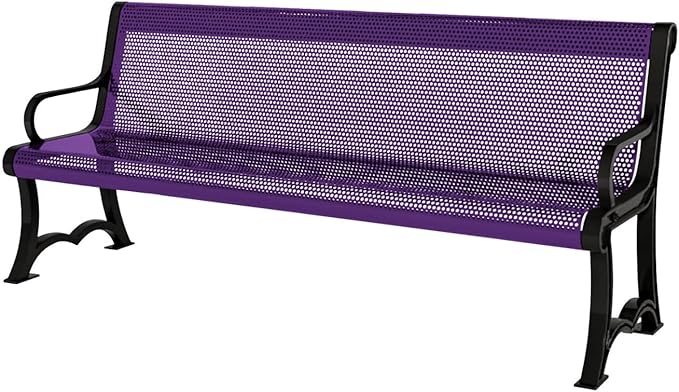 COATEDOUTDOORFURNITURE Heavy-Duty Outdoor Bench Thermoplastic Coated, Punched Steel, Commercial-Grade Garden Bench, Made in America (Portable with Back, 4 Ft, Textured Purple)