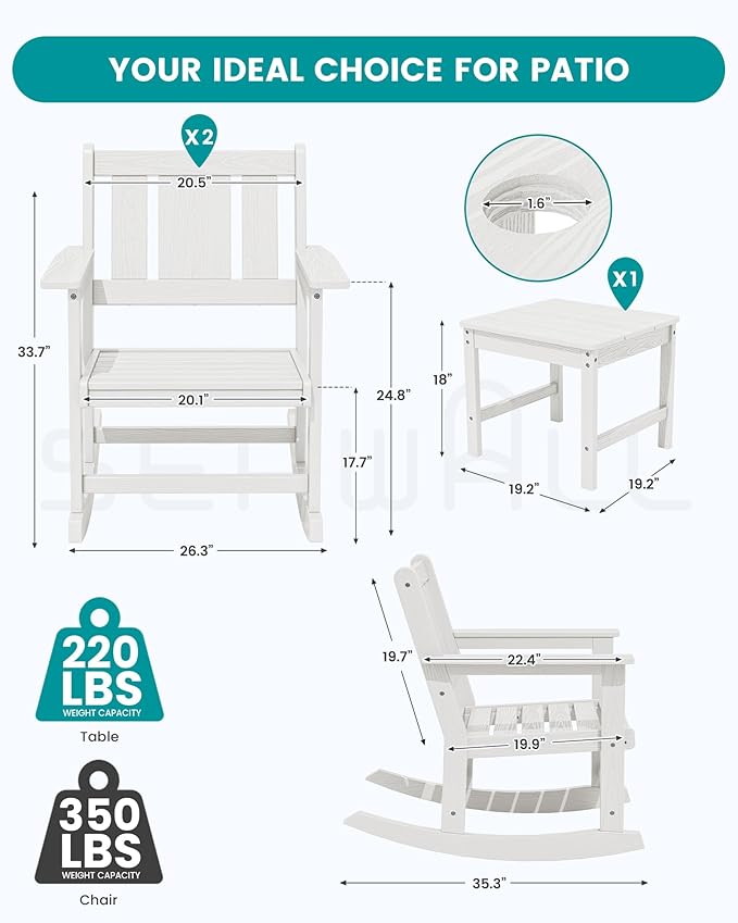 SERWALL Outdoor Rocking Chairs Set of 2 with 1 Side Table & 9ft Patio Umbrella - Photo 2