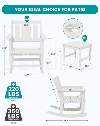 SERWALL Outdoor Rocking Chairs Set of 2 with Side Table, All-Weather HDPE 3 Piece Patio Furniture Set, Patio Bistro Set with Umbrella Hole for Porch Deck Lawn Balcony, White