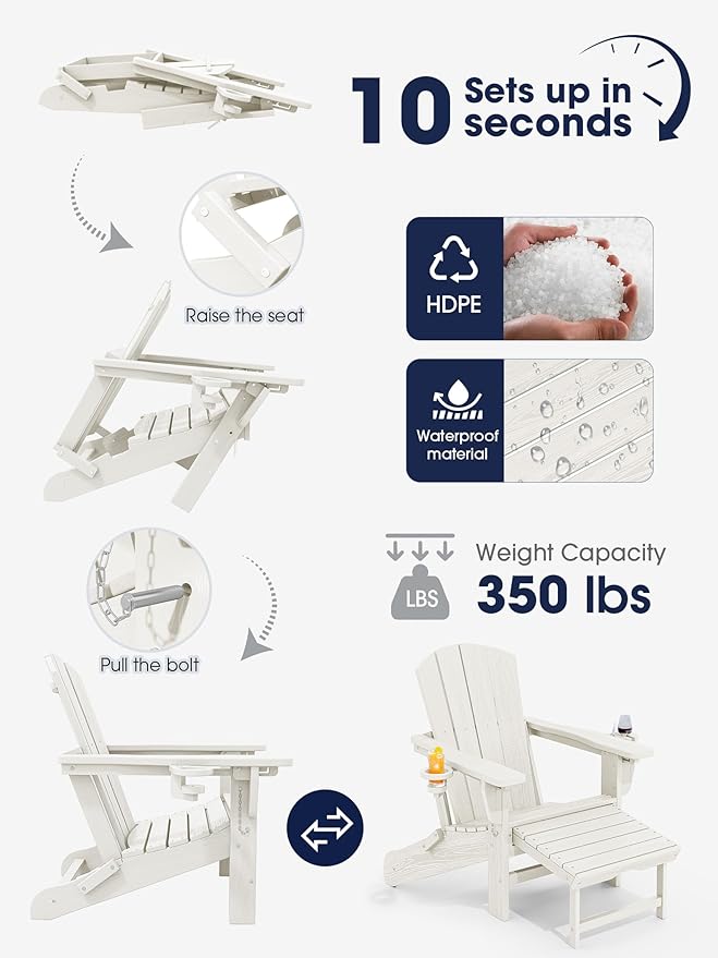 KINGYES Folding Adjustable Adirondack Chair with Ottoman & 2 Cup Holders, HDPE Adirondack Recliner Chair with Footrest, White