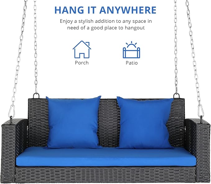 4FT Wicker Porch Swing for 2 Person, 800lb Capacity Outdoor Hanging Bench with Removable Cushions - Photo 3