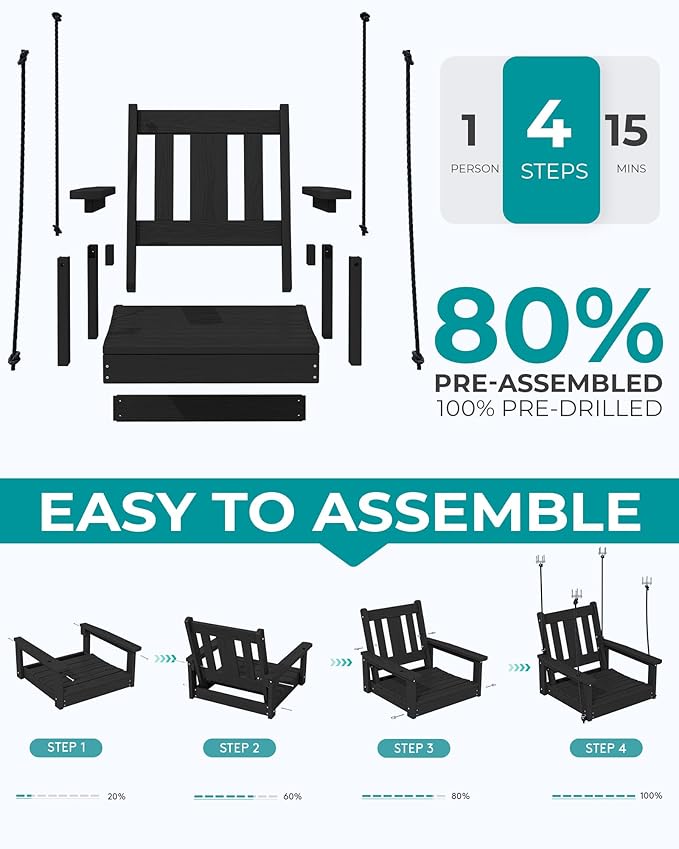 SERWALL HDPE Single Porch Swing, Heavy Duty Single Person Swing Chair with 2 Polypropylene Hanging Ropes - Photo 7