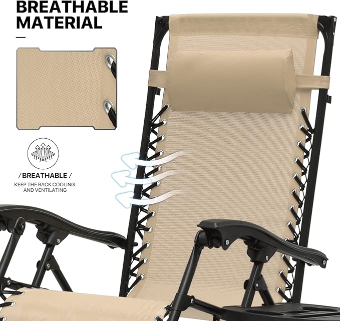 MoNiBloom Zero Gravity Chair Set of 2 with Canopy Shade, Patio Folding Anti Gravity Recliner, Foldable Outdoor Lounger with Cup Holder Tray for Beach Camping, Cream