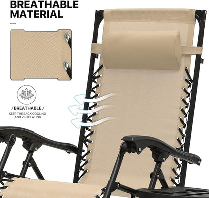 MoNiBloom Zero Gravity Chair Set of 2 with Canopy Shade, Patio Folding Anti Gravity Recliner, Foldable Outdoor Lounger with Cup Holder Tray for Beach Camping, Cream