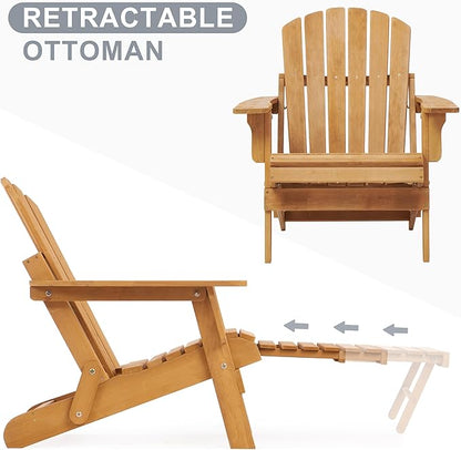 Oversized Wooden Folding Adirondack Chair with Ottoman, Pre-Assembled Backrest and Seat Board, Lounge Chair for Outdoor Patio Garden Lawn Backyard Firepit Deck Pool Beach