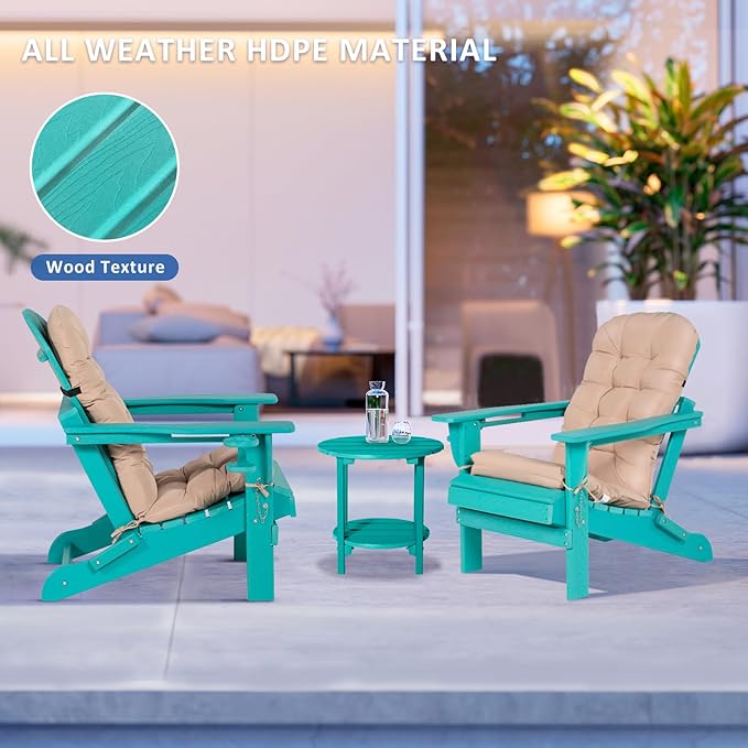 Adirondack Chair with Cushion & Cup Holder, HDPE Folding Adirondack Chair with Wood-Like Grain Outdoor Fire Pit Chairs for Patio/Porch/Swimming Pool/Camping (Aruba)