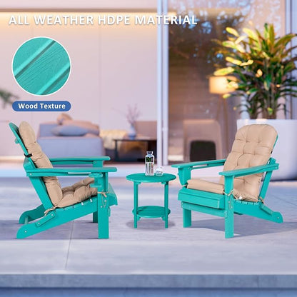 Adirondack Chair with Cushion & Cup Holder, HDPE Folding Adirondack Chair with Wood-Like Grain Outdoor Fire Pit Chairs for Patio/Porch/Swimming Pool/Camping (Aruba)