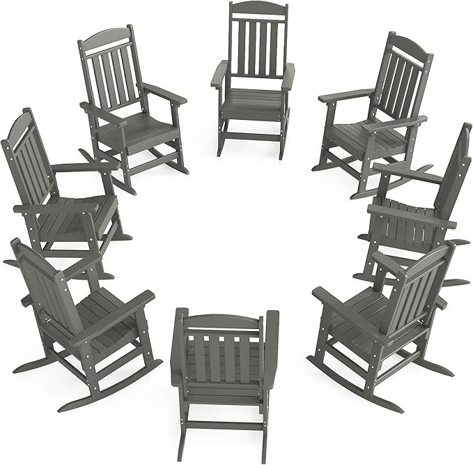 Outdoor Rocking Chairs Set of 8, Oversized High Back Patio Rocking Chairs, All Weather Porch Rocking Chairs for Outside. Dark Grey