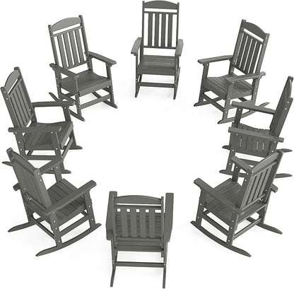 Outdoor Rocking Chairs Set of 8, Oversized High Back Patio Rocking Chairs, All Weather Porch Rocking Chairs for Outside. Dark Grey