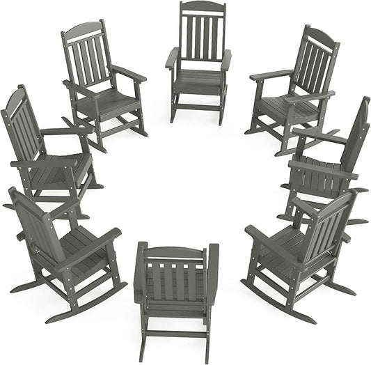 Outdoor Rocking Chairs Set of 8, Oversized High Back Patio Rocking Chairs, All Weather Porch Rocking Chairs for Outside. Dark Grey