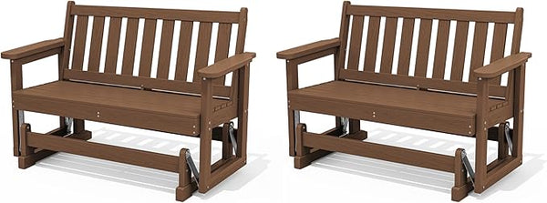 SERWALL Outdoor Glider Bench Set of 2, HDPE Weather-Resistant Swinging Bench for Backyard Garden Porch, Brown - Photo 1