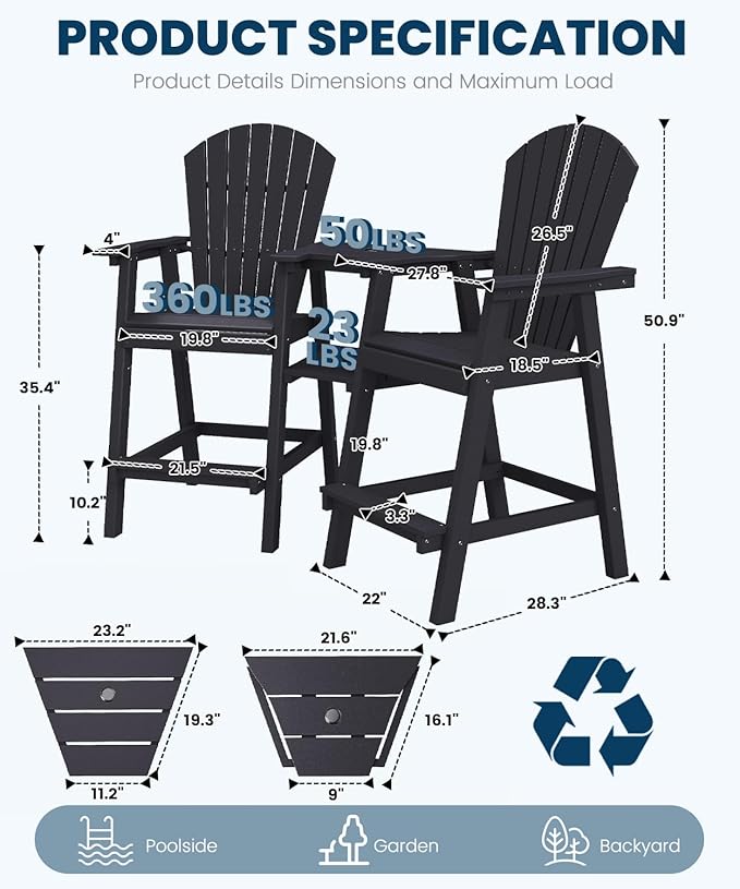 FOOWIN Tall Adirondack Chair Set of 2, All Weather HDPE Bar Height Adirondack Chair with Double Connecting Trays, Adirondack Barstools for Balcony, Deck, Backyard, Patio, Garden Black