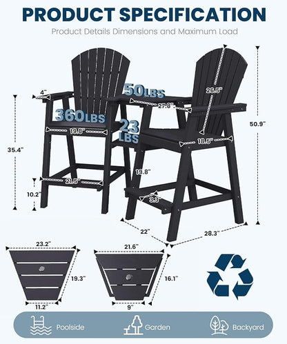 FOOWIN Tall Adirondack Chair Set of 8, All Weather HDPE Bar Height Adirondack Chair with Double Connecting Trays, Adirondack Barstools for Balcony, Deck, Backyard, Patio, Garden Black