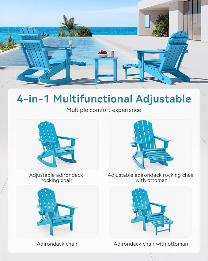Adjustable Adirondack Rocking Chair with Retractable Ottoman,4-in-1 Multifunctional Folding Patio Chair with Cup Holder, Outdoor Chair Wood Texture for Lawn,Porch, Backyard,Pool(Pacific Blue)