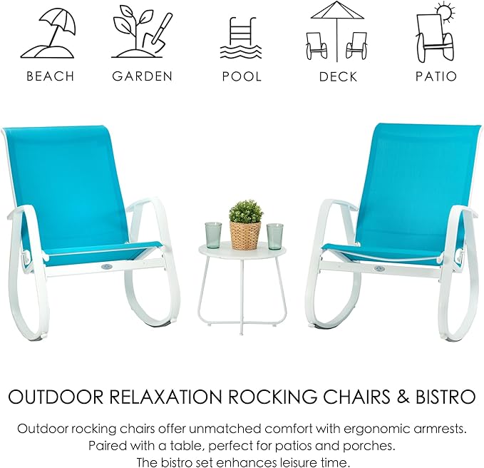 Kozyard Outdoor Patio Rocking Sling Chair, Powder Coated Aluminum Frame, Weather Resistant and Breathable Mesh Fabric for Patio, Porch, Yard, Garden (Blue, 2Chairs + Table)