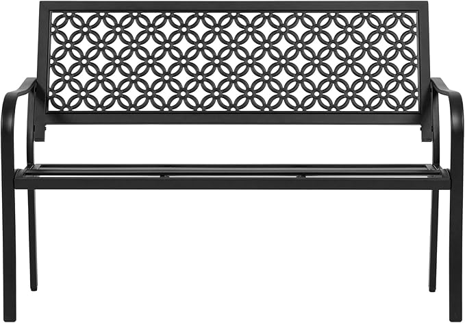 ONBRILL 50" Outdoor Bench, Garden Benches with Galvanized Metal Frame, Front Porch Bench with Floral Backrest - Photo 1