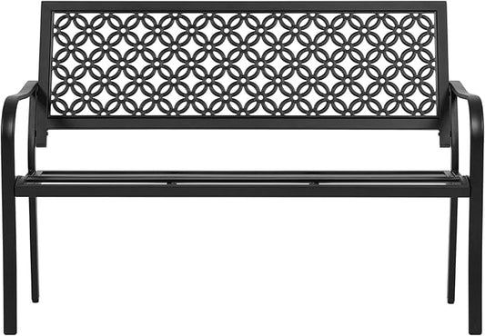 ONBRILL 50" Outdoor Bench, Garden Benches with Galvanized Metal Frame, Front Porch Bench with Floral Backrest, Patio Furniture with Adjustable Feet for Park, Yard, Lawn, Entryway, Black