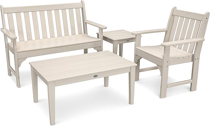 Polywood Vineyard 4-Piece Outdoor Bench Seating Set, Sand - HDPE Patio Furniture with Coffee Table and Side Table - Deep Seating Garden Conversation Set for Deck, Porch & Backyard