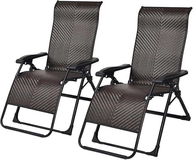 Tangkula 2 PCS Rattan Zero Gravity Chair, Outdoor Adjustable Folding Lounge Chair with Widened Armrest & Locking System - Photo 1