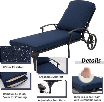 Chaise Lounge Outdoor Chair with Wheels, Adjustable Reclining Rust-Resistant Aluminum Cast Poolside Chaise Lounge Furniture with Waterproof Denim Blue Cushion (1pc)
