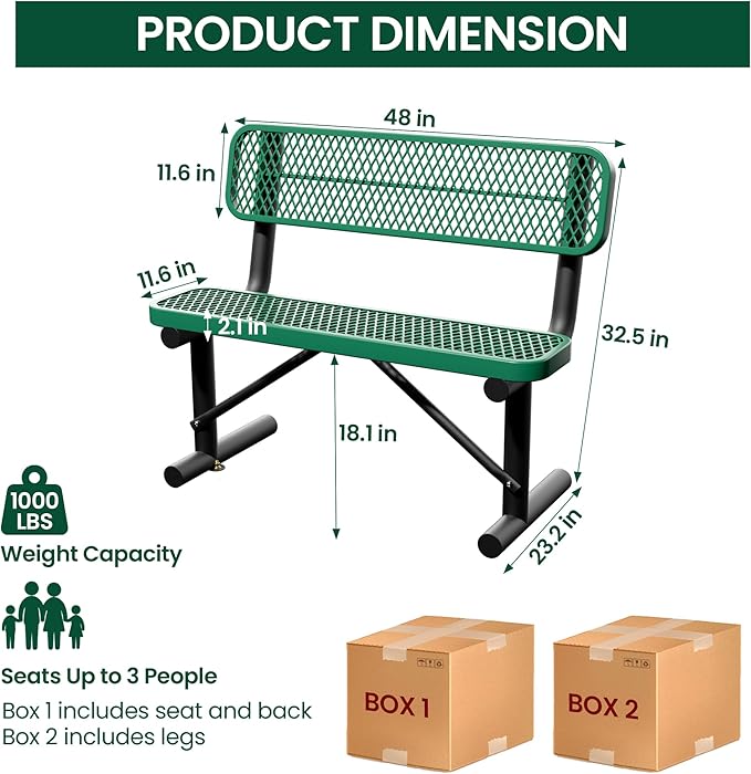 4 Feet Heavy Duty Metal Park Bench for Outside, Outdoor Bench with Backrest & Portable Frame, Commercial Benches for Shopping Malls, Stores, Parks, Patios, Decks, Green