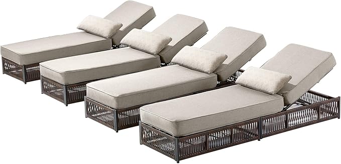 Luxury Outdoor Chaise Lounges with 5 Inch Thickened Cushions - Set of 4 High Back Brown Wicker Patio Recliners Rattan - Photo 1