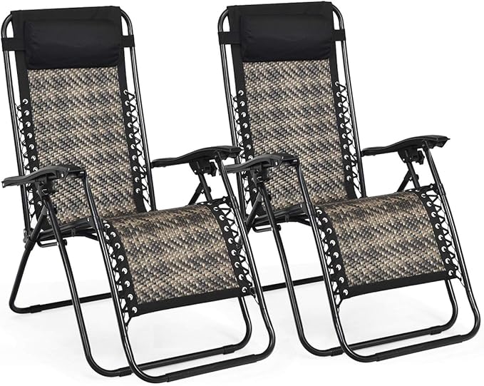 Tangkula Patio Rattan Zero Gravity Lounge Chair, Outdoor Folding Lounge Chair w/Removable Head Pillow, Adjustable Lounge with Widened Armrest & Locking System for Balcony Yard Poolside (2, Gray)