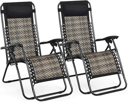 Tangkula Patio Rattan Zero Gravity Lounge Chair, Outdoor Folding Lounge Chair w/Removable Head Pillow, Adjustable Lounge with Widened Armrest & Locking System for Balcony Yard Poolside (2, Gray)